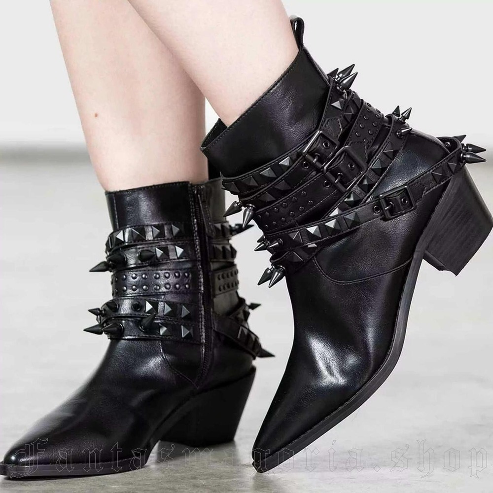 Killstar Black Spiked Studded Buckle Strap Pointed Toe Ankle Boots Womens‎